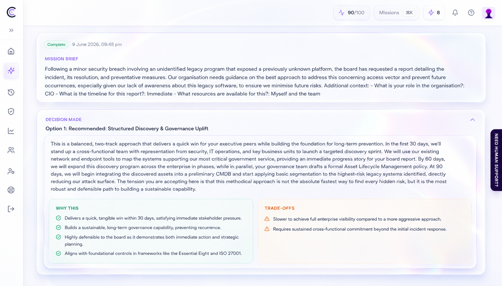 FORTE/CYBERx decision view showing the recommended option with why-this and trade-offs