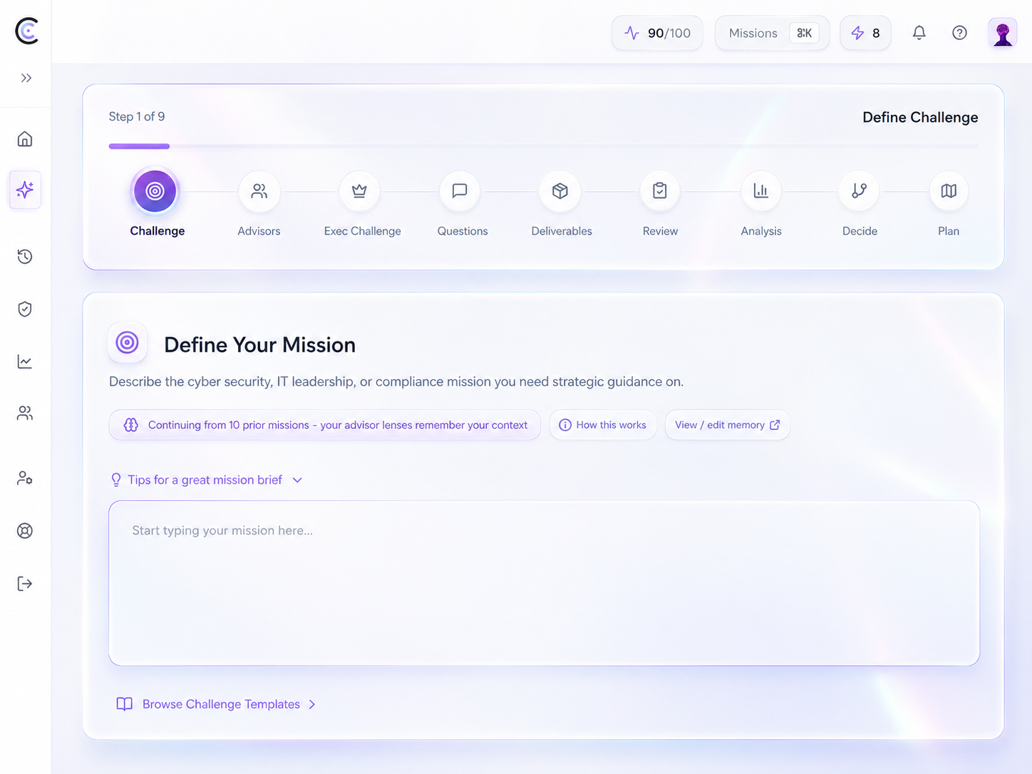 FORTE/CYBERx Define Your Mission step capturing a plain-English challenge