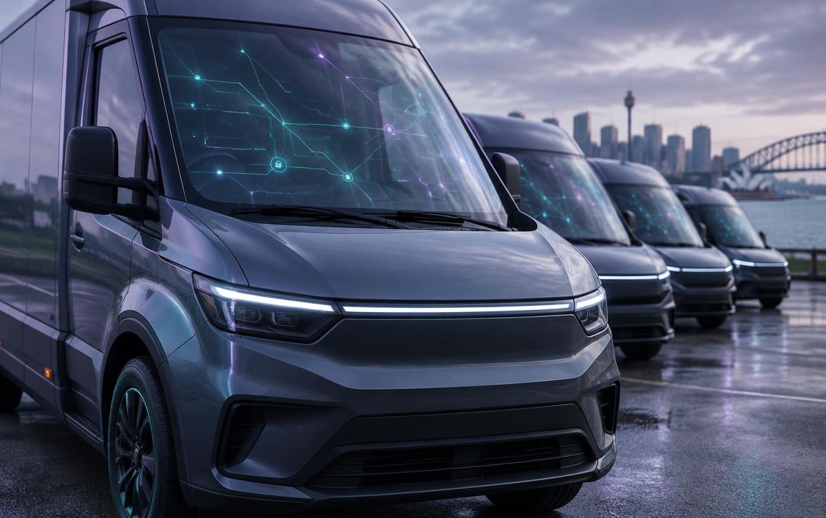 Connected commercial vehicle fleet with digital network reflections in its windscreen