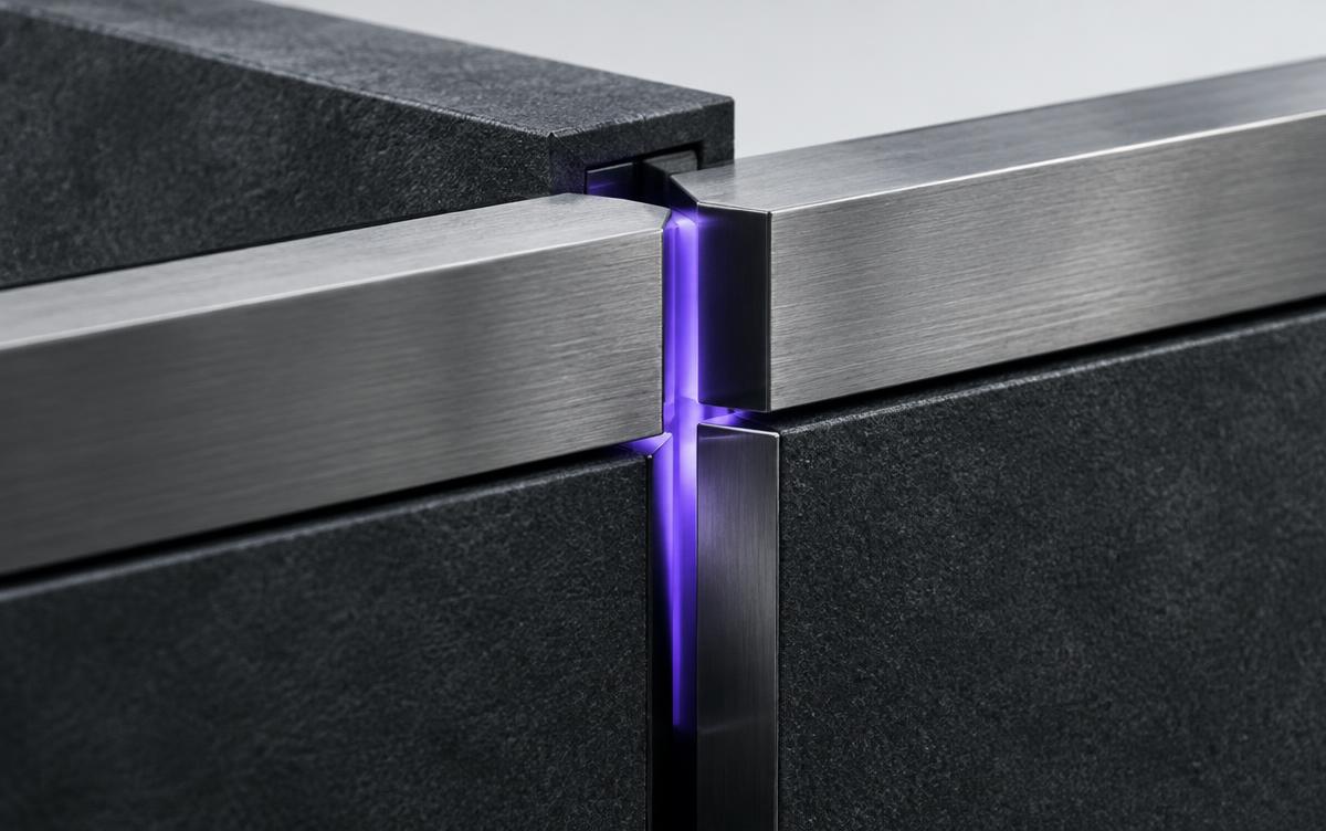 Interlocking metal barriers with an illuminated gap representing cyber risk