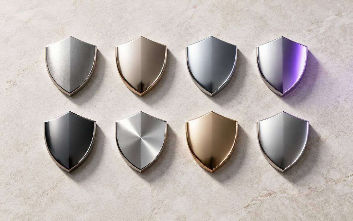 Eight metal shields representing Australia’s Essential Eight cyber controls