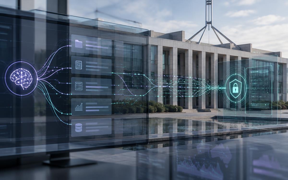AI agent pathways approaching a secured Australian government building