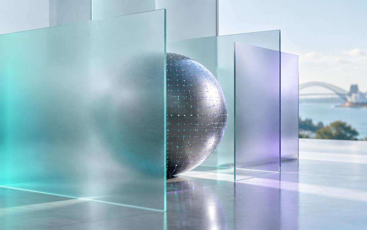 A protected data sphere visible through layers of frosted glass