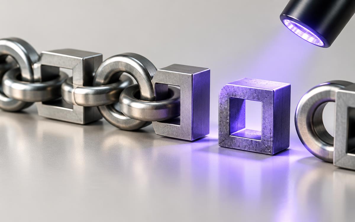 A chain of linked metal modules with one connection under inspection